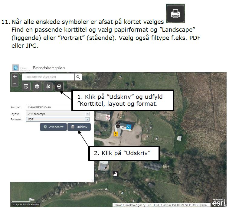 Når alle symboler er sat ind, skal kortet printes. Vælg printer-symbolet. Herefter kan du vælge en passende titel, papirformat og liggende eller stående retning. Vælg også filtype, for eksempel PDF.